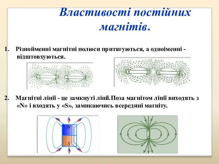 Властивості постійних магнітів. 1. Різнойменні магнітні полюси притягуються, а одноіменні