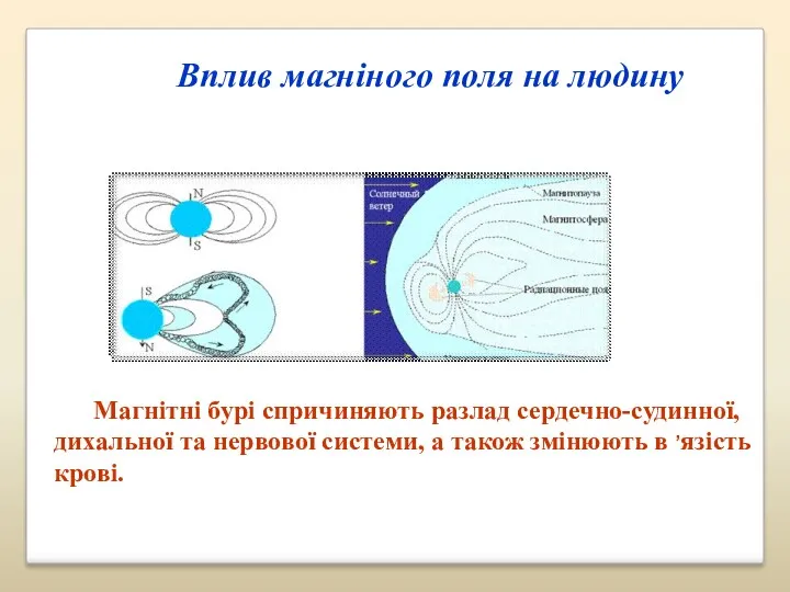 Вплив магніного поля на людину Магнітні бурі спричиняють разлад сердечно-судинної,