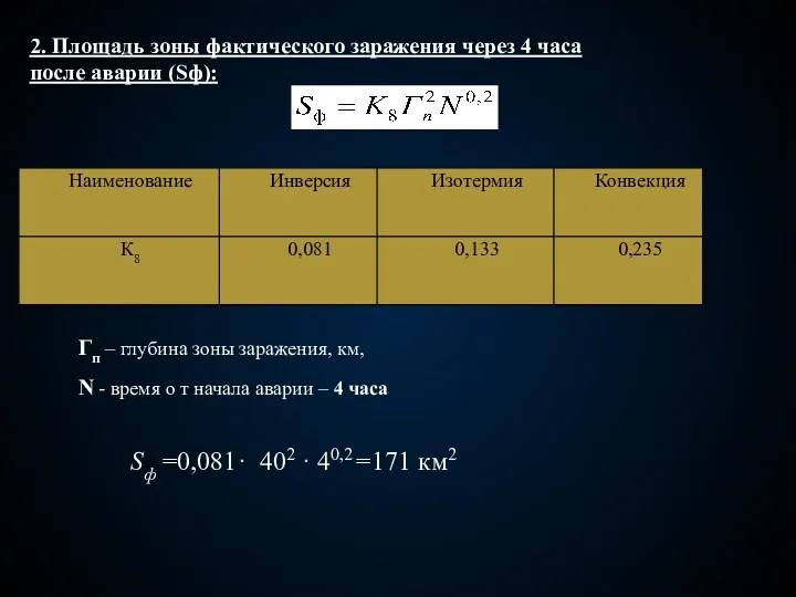 2. Площадь зоны фактического заражения через 4 часа после аварии