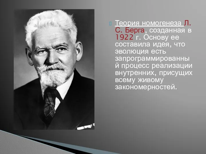 Теория номогенеза Л.С. Берга, созданная в 1922 г. Основу ее