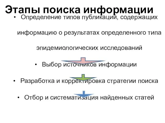 Этапы поиска информации Определение типов публикаций, содержащих информацию о результатах