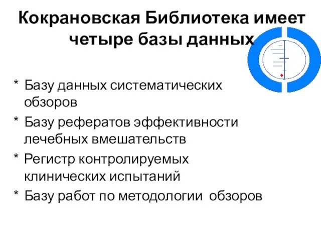 Кокрановская Библиотека имеет четыре базы данных Базу данных систематических обзоров