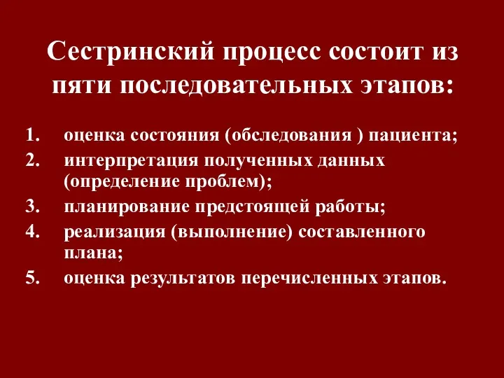 Сестринский процесс состоит из пяти последовательных этапов: оценка состояния (обследования