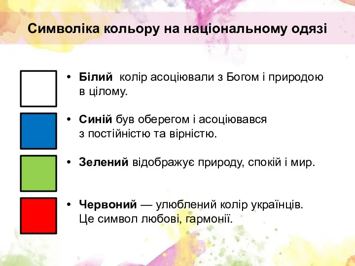 Символіка кольору на національному одязі Білий колір асоціювали з Богом