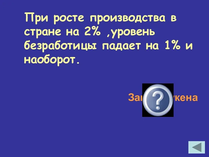 При росте производства в стране на 2% ,уровень безработицы падает на 1% и наоборот. Закон Оукена