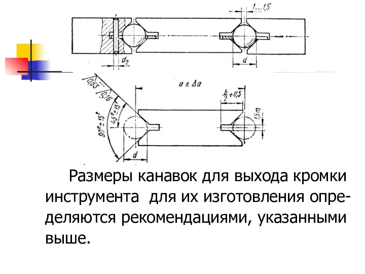 Размеры канавок для выхода кромки инструмента для их изготовления опре- деляются рекомендациями, указанными выше.