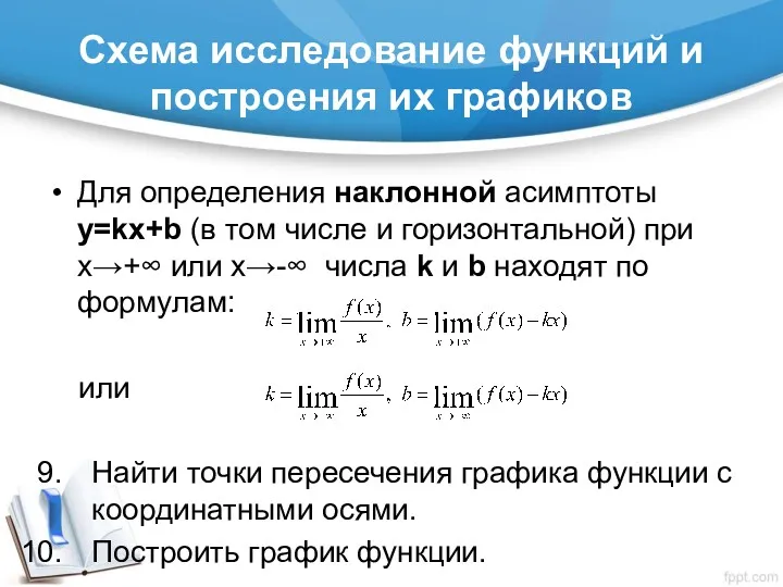 Схема исследование функций и построения их графиков Для определения наклонной