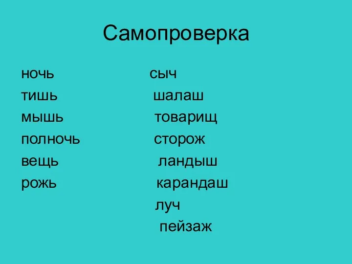 Самопроверка ночь сыч тишь шалаш мышь товарищ полночь сторож вещь ландыш рожь карандаш луч пейзаж