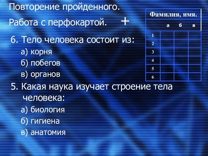 Повторение пройденного. Работа с перфокартой. + 6. Тело человека состоит