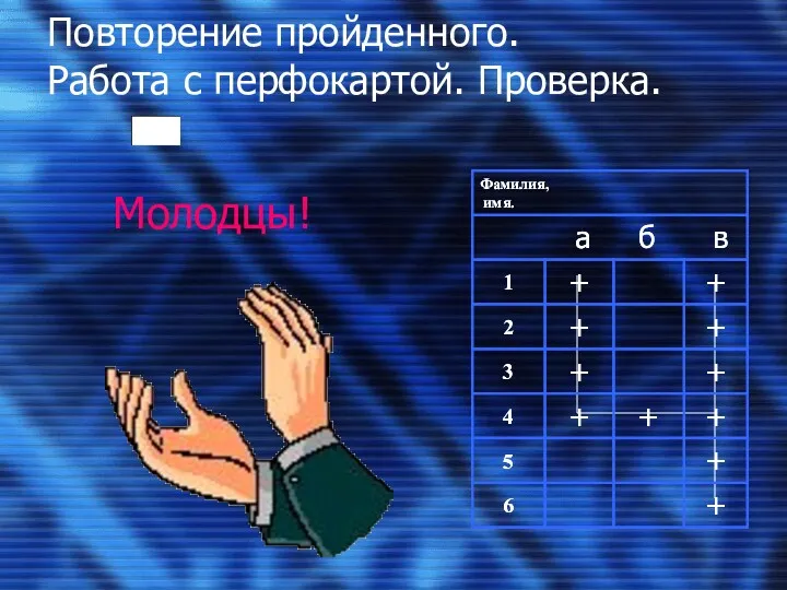 Повторение пройденного. Работа с перфокартой. Проверка. Молодцы!