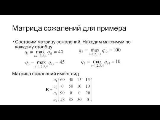 Матрица сожалений для примера Составим матрицу сожалений. Находим максимум по каждому столбцу Матрица сожалений имеет вид