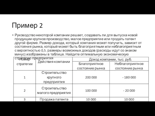 Пример 2 Руководство некоторой компании решает, созда­вать ли для выпуска