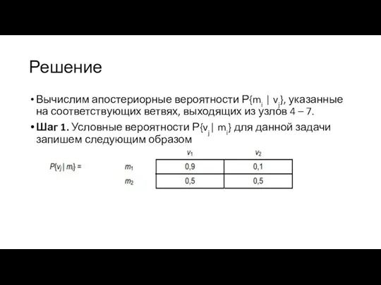 Решение Вычислим апостериорные вероятности Р{mi | vj}, указанные на соответствующих