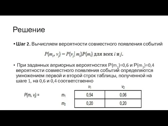 Решение Шаг 2. Вычисляем вероятности совместного появления событий При заданных