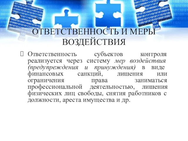 ОТВЕТСТВЕННОСТЬ И МЕРЫ ВОЗДЕЙСТВИЯ Ответственность субъектов контроля реализуется через систему