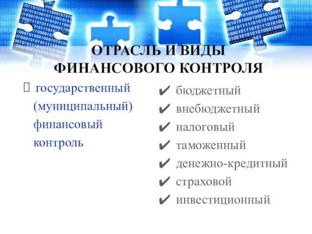 ОТРАСЛЬ И ВИДЫ ФИНАНСОВОГО КОНТРОЛЯ государственный (муниципальный) финансовый контроль бюджетный внебюджетный налоговый таможенный денежно-кредитный страховой инвестиционный