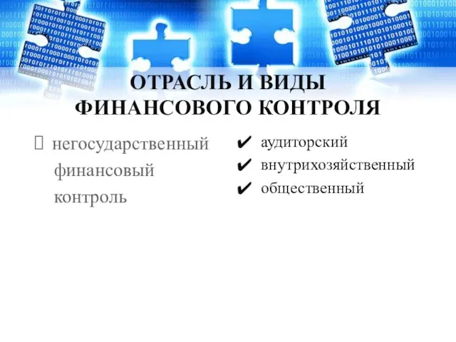 ОТРАСЛЬ И ВИДЫ ФИНАНСОВОГО КОНТРОЛЯ негосударственный финансовый контроль аудиторский внутрихозяйственный общественный