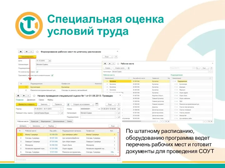 Специальная оценка условий труда По штатному расписанию, оборудованию программа ведет