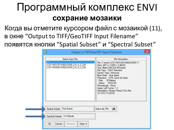 Программный комплекс ENVI сохрание мозаики Когда вы отметите курсором файл