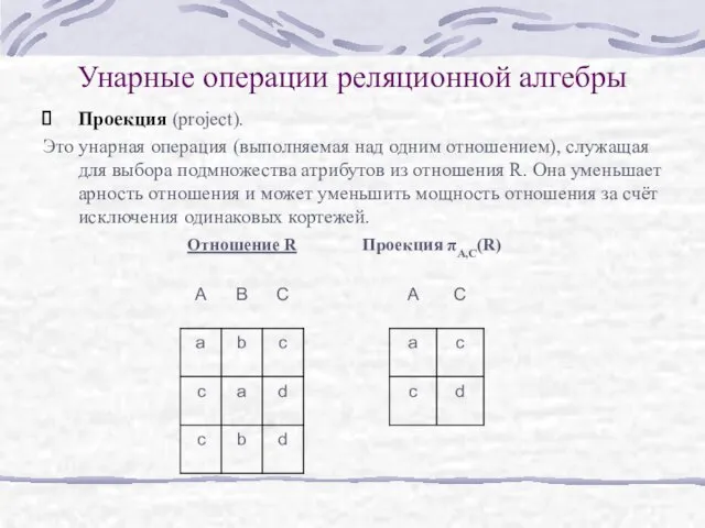 Унарные операции реляционной алгебры Проекция (project). Это унарная операция (выполняемая