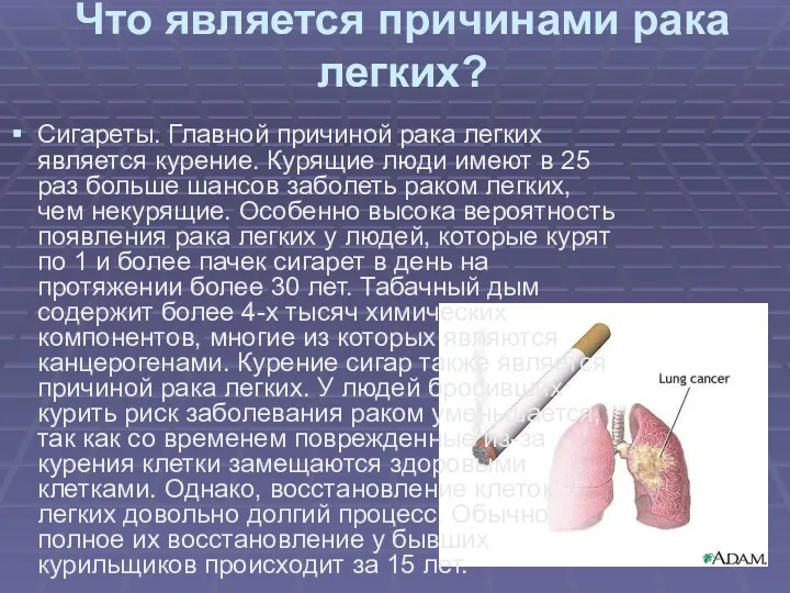 Что является причинами рака легких? Сигареты. Главной причиной рака легких