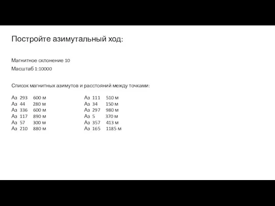 Постройте азимутальный ход: Магнитное склонение 10 Масштаб 1:10000 Список магнитных