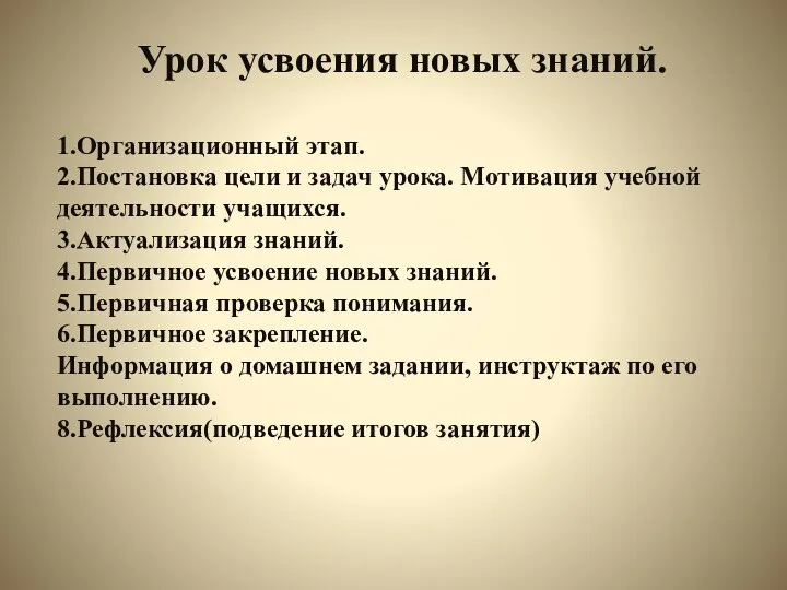 Урок усвоения новых знаний. 1.Организационный этап. 2.Постановка цели и задач