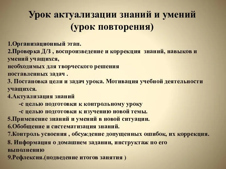 Урок актуализации знаний и умений (урок повторения) 1.Организационный этап. 2.Проверка