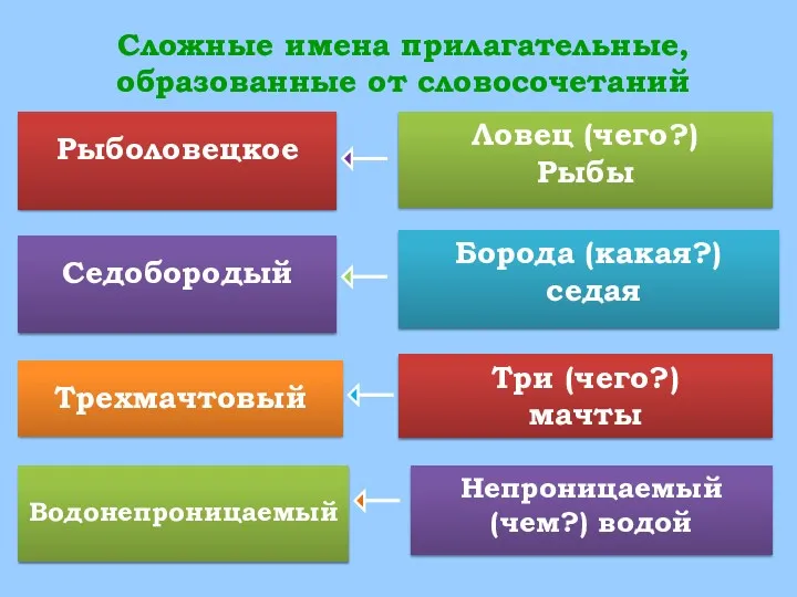 Сложные имена прилагательные, образованные от словосочетаний Рыболовецкое Седобородый Трехмачтовый Водонепроницаемый