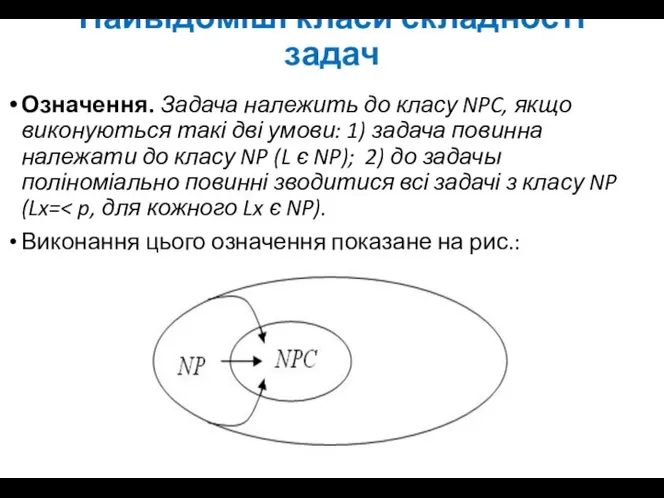 Найвідоміші класи складності задач Означення. Задача належить до класу NPC,