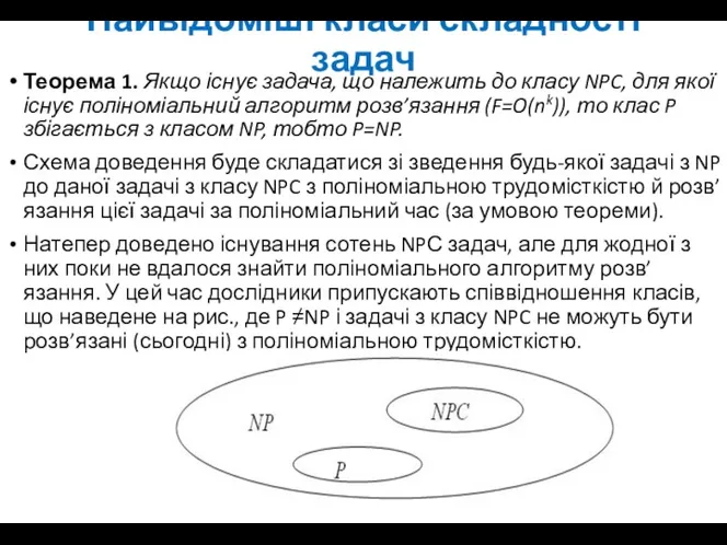 Найвідоміші класи складності задач Теорема 1. Якщо існує задача, що