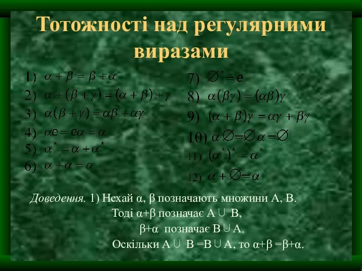 Тотожності над регулярними виразами Доведення. 1) Нехай α, β позначають