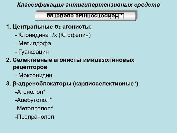 Классификация антигипертензивных средств 1. Центральные α2 агонисты: - Клонидина г/х