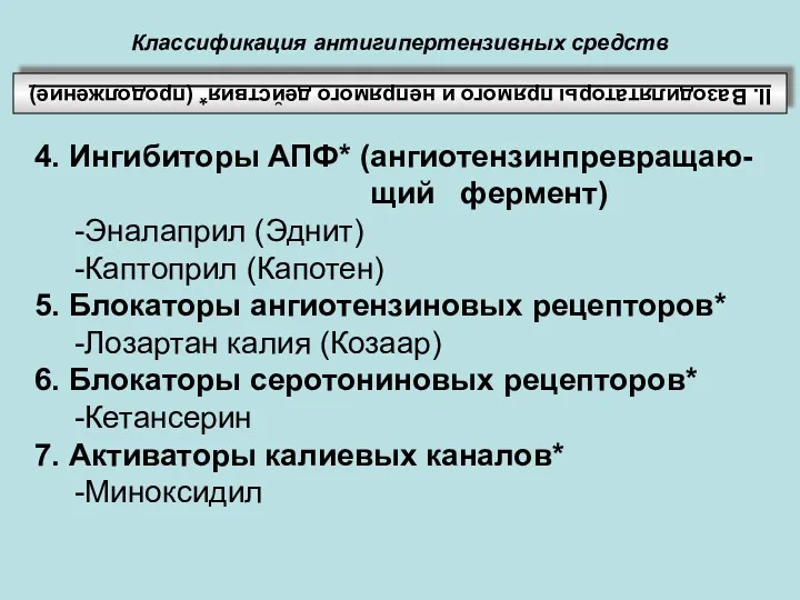 Классификация антигипертензивных средств ІІ. Вазодилятаторы прямого и непрямого действия* (продолжение)