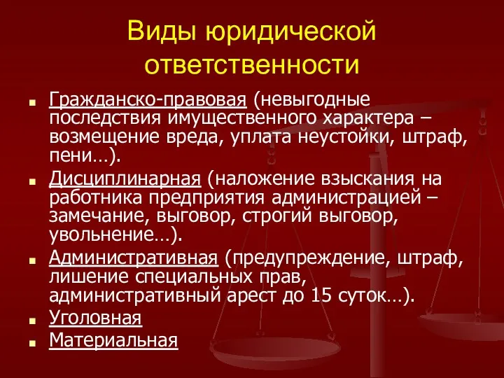 Виды юридической ответственности Гражданско-правовая (невыгодные последствия имущественного характера – возмещение вреда, уплата неустойки,