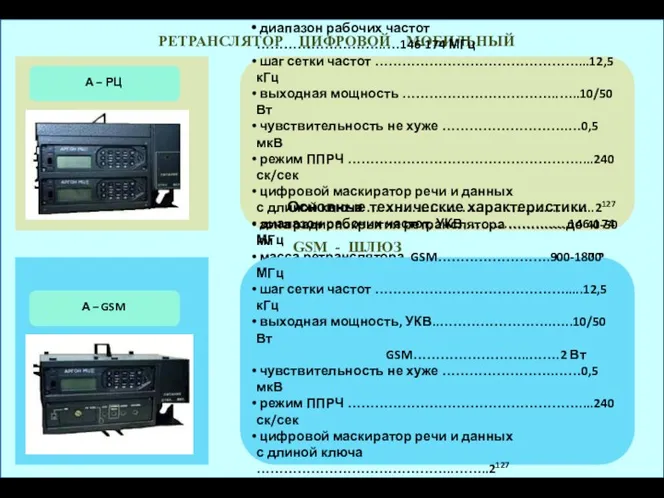 РЕТРАНСЛЯТОР ЦИФРОВОЙ МОБИЛЬНЫЙ А – РЦ Основные технические характеристики диапазон