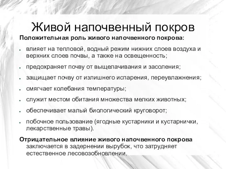 Живой напочвенный покров Положительная роль живого напочвенного покрова: влияет на