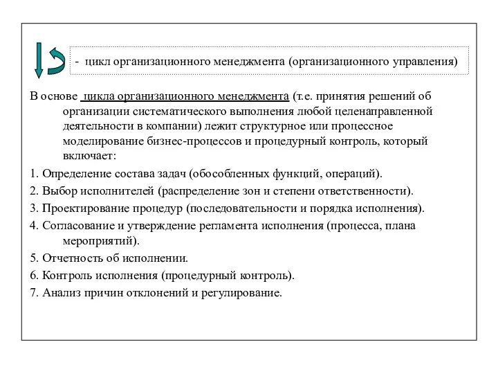 В основе цикла организационного менеджмента (т.е. принятия решений об организации