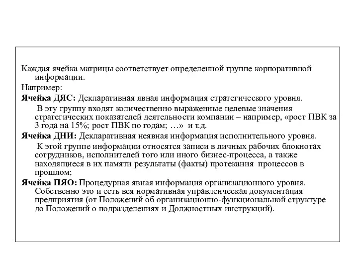 Каждая ячейка матрицы соответствует определенной группе корпоративной информации. Например: Ячейка