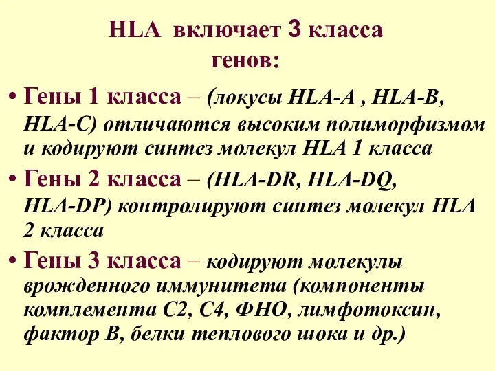 HLA включает 3 класса генов: Гены 1 класса – (локусы HLA-А , HLA-В,