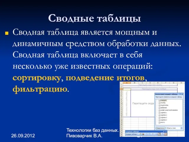 26.09.2012 Технологии баз данных. Пивоварчик В.А. Сводные таблицы Сводная таблица