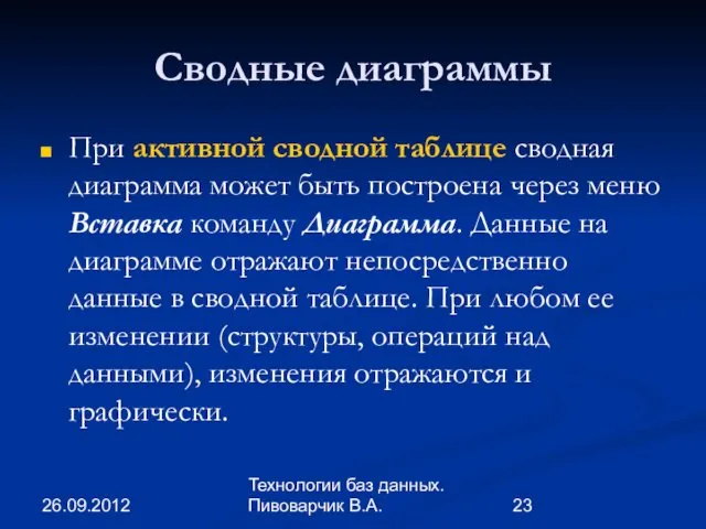 26.09.2012 Технологии баз данных. Пивоварчик В.А. Сводные диаграммы При активной