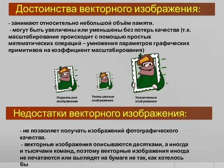 Недостатки векторного изображения: Достоинства векторного изображения: - занимают относительно небольшой