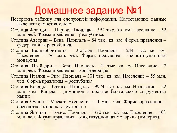 Домашнее задание №1 Построить таблицу для следующей информации. Недостающие данные