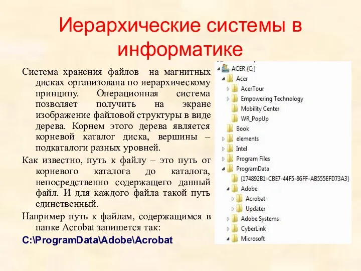 Иерархические системы в информатике Система хранения файлов на магнитных дисках