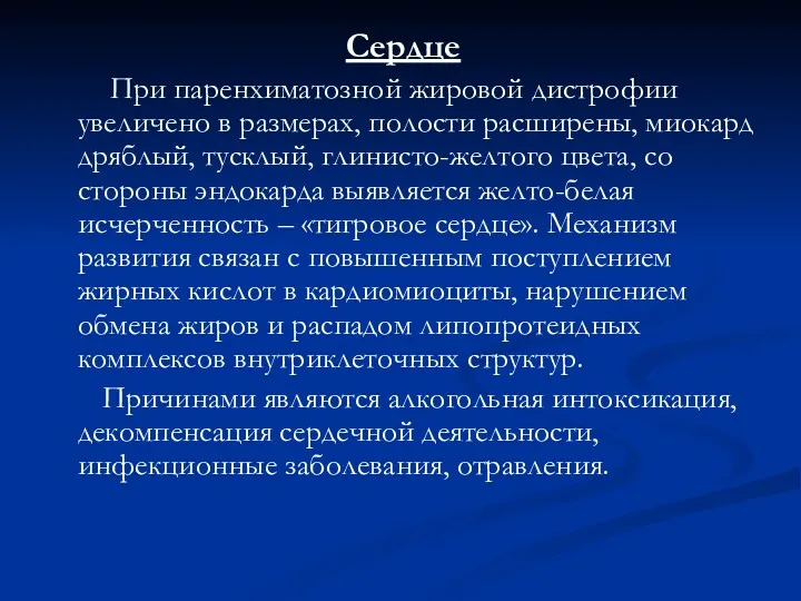 Сердце При паренхиматозной жировой дистрофии увеличено в размерах, полости расширены,