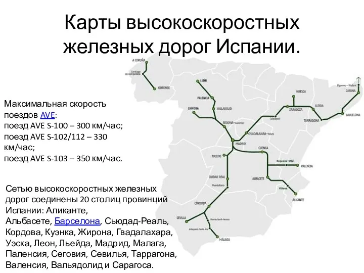 Карты высокоскоростных железных дорог Испании. Максимальная скорость поездов AVE: поезд