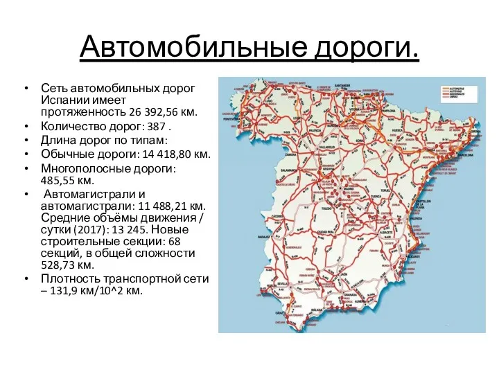 Автомобильные дороги. Сеть автомобильных дорог Испании имеет протяженность 26 392,56