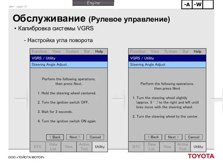 Обслуживание (Рулевое управление) Калибровка системы VGRS Настройка угла поворота