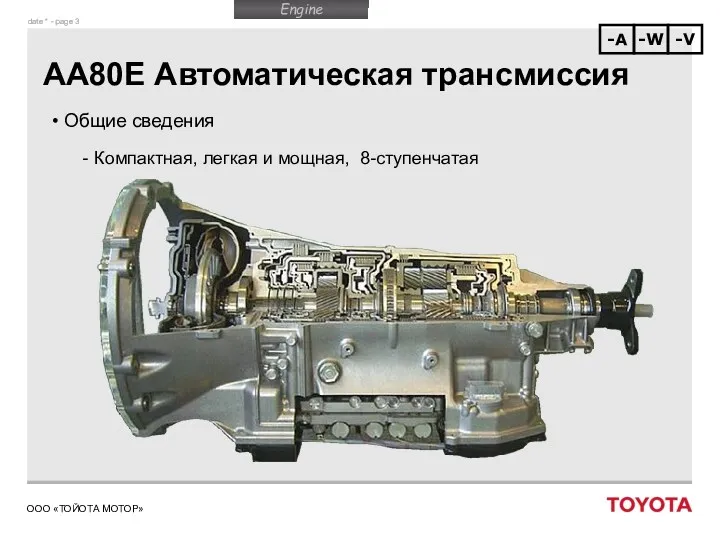 AA80E Автоматическая трансмиссия Общие сведения Компактная, легкая и мощная, 8-ступенчатая